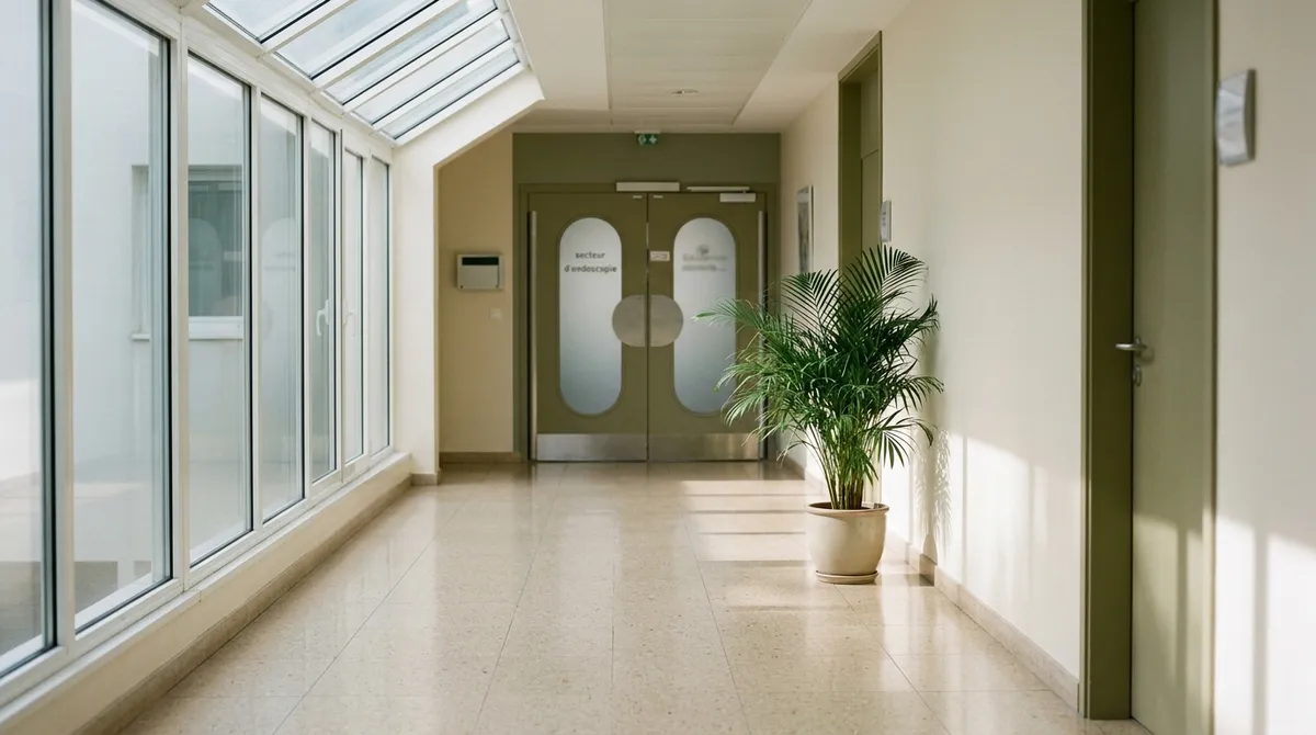 Couloir d'une clinique menant au secteur d'endoscopie