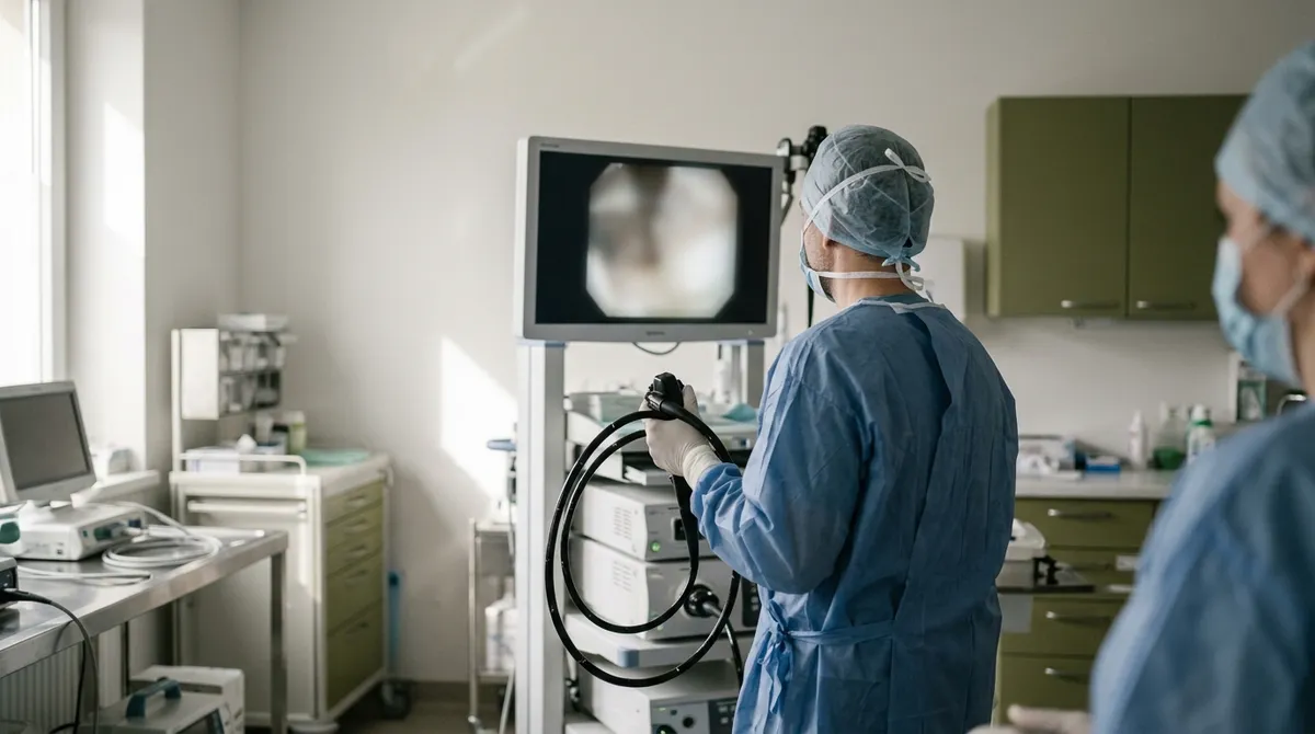 Praticien devant une colonne d'endoscopie digestive
