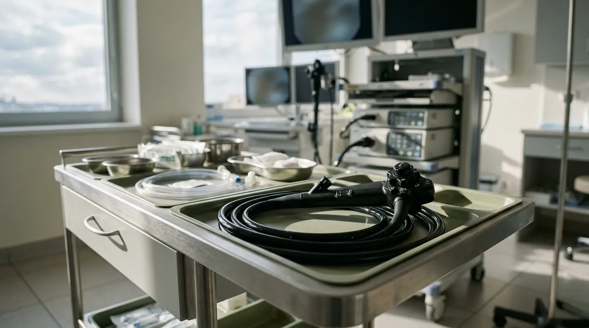 Endoscope souple sur son chariot dans une salle d'endoscopie